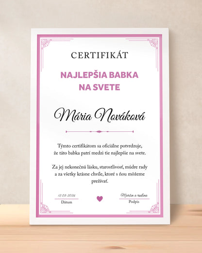 Certifikát Najlepšia babka na svete