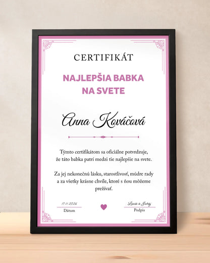 Certifikát Najlepšia babka na svete