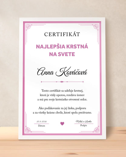 Certifikát Najlepšia krstná na svete