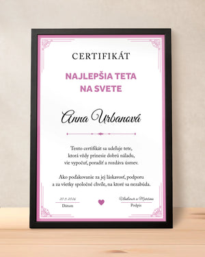 Certifikát Najlepšia teta na svete