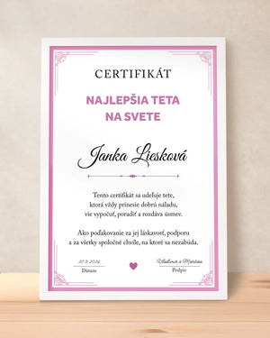 Certifikát Najlepšia teta na svete